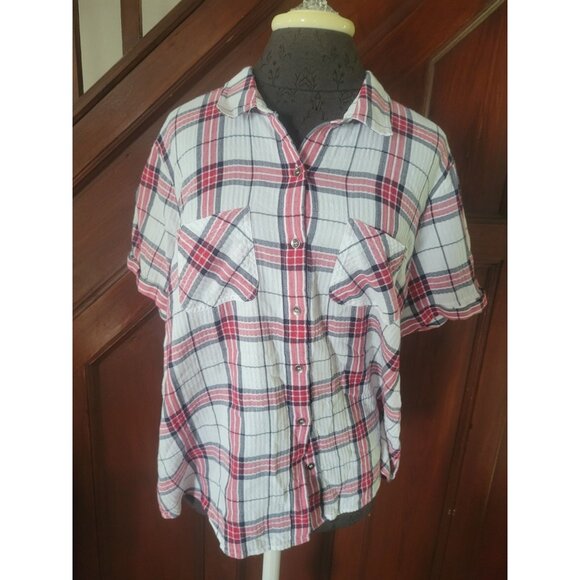Christopher & Banks Womens Plaid Button-Up Shirt XL Red/White Short Sleeve - Picture 1 of 8